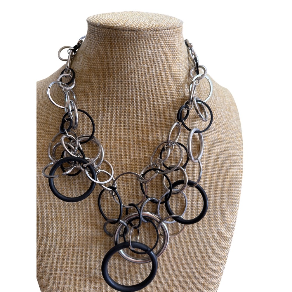 Silver Tone Black Mixed Ring Statement Bib Necklace Industrial Edgy Hoops Chunky